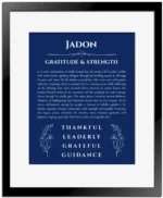Jadon name origin print with meaning and traits in deep blue with black matte frame