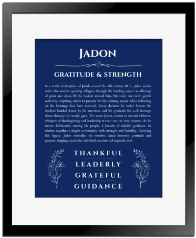 Jadon name origin print with meaning and traits in deep blue with black matte frame