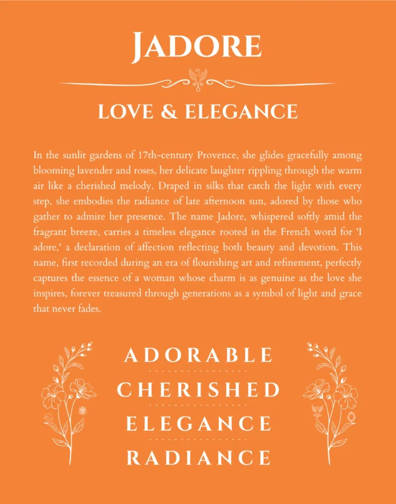 Jadore name origin print with meaning and traits in orange