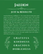 Jaeden personalized name print with origin and traits in dark green