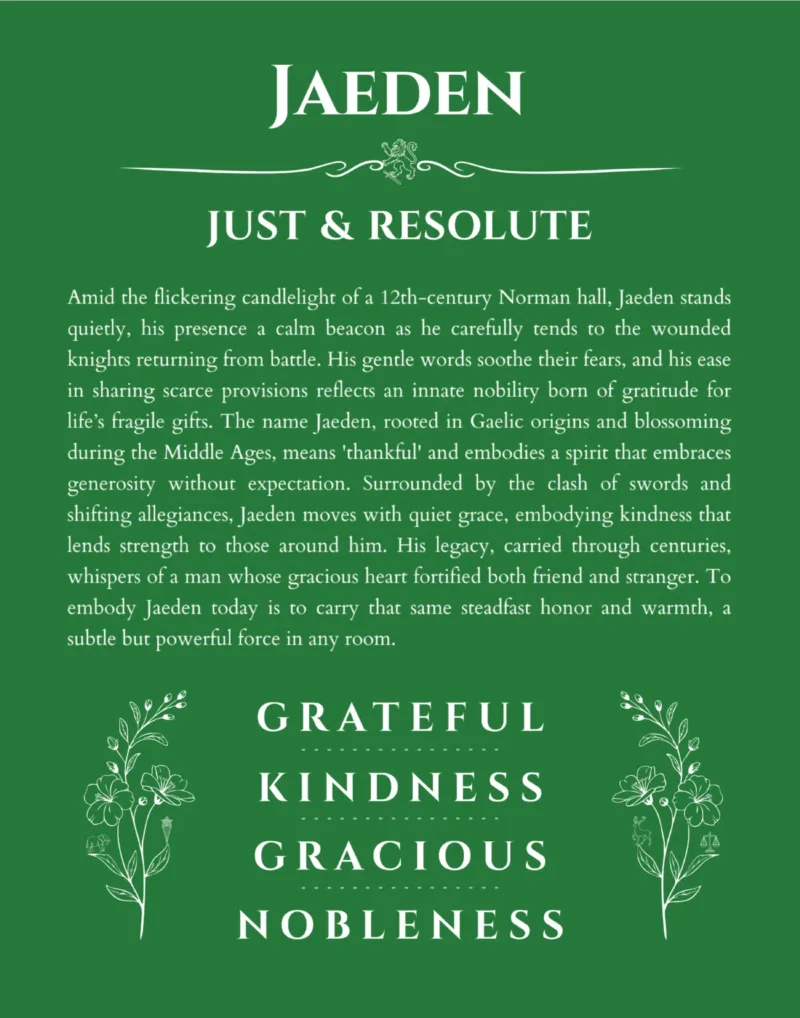 Jaeden personalized name print with origin and traits in dark green