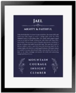 Jael custom name art showing meaning and origin in navy blue with black matte frame