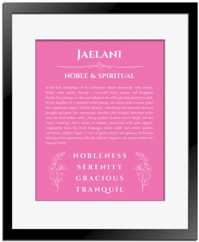 Jaelani custom name print for wall display in pink with black matte frame