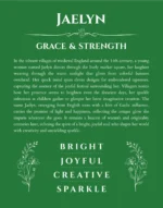 Jaelyn custom name art showing meaning and origin in dark green