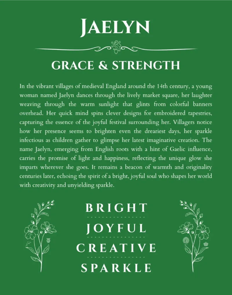 Jaelyn custom name art showing meaning and origin in dark green