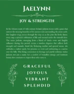 Jaelynn personalized wall art with the story of your name in dark green