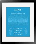 Jahari personalized name meaning print in blue with black matte frame