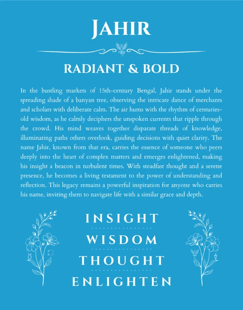 Jahir custom name art showing meaning and origin in blue