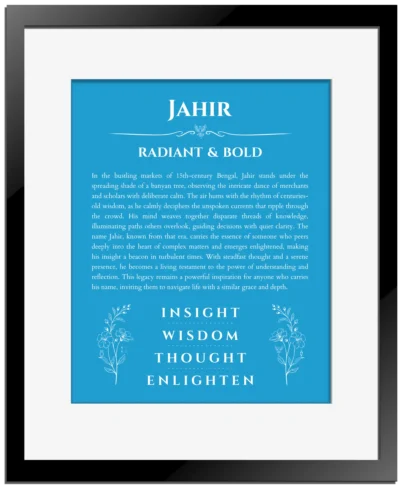 Jahir custom name art showing meaning and origin in blue with black matte frame