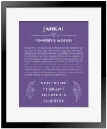 Jahkai name origin print with meaning and traits in purple with black matte frame