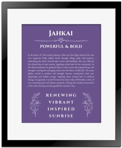 Jahkai name origin print with meaning and traits in purple with black matte frame