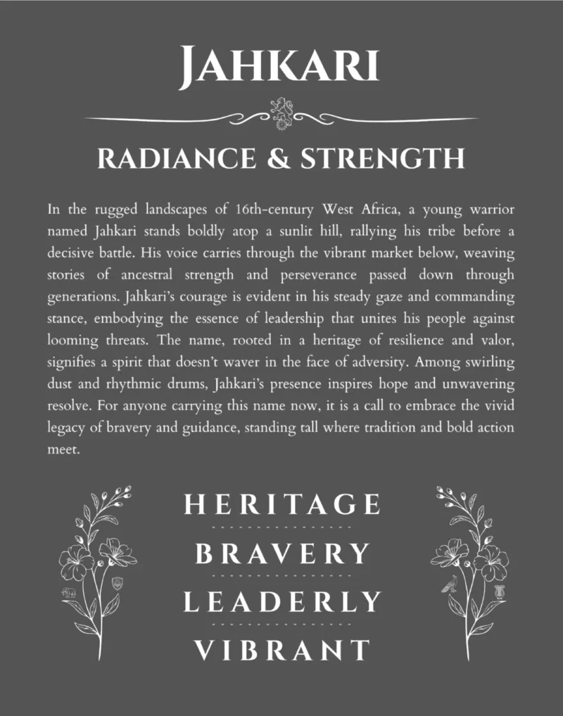 Jahkari personalized name art with origin story in gray