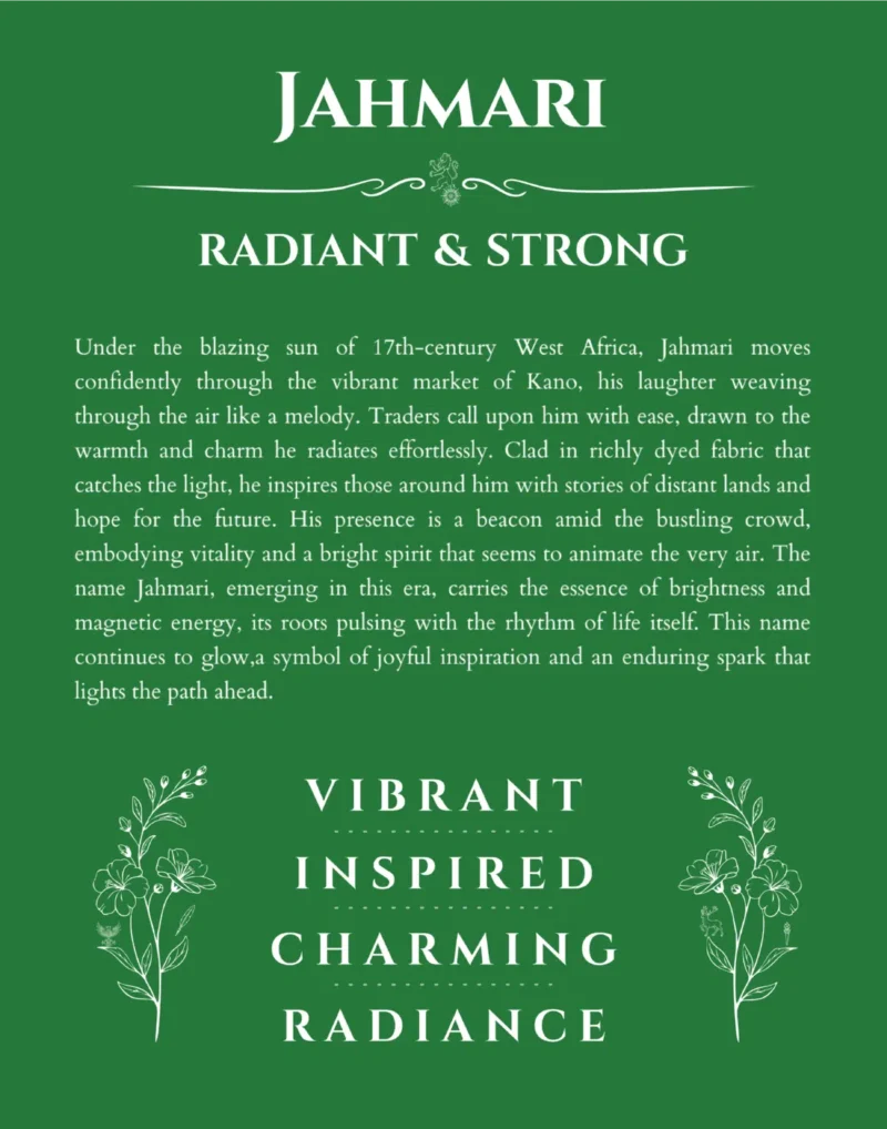 Jahmari personalized name print with origin and traits in dark green