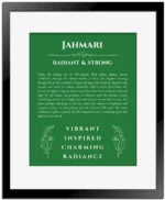 Jahmari personalized name print with origin and traits in dark green with black matte frame