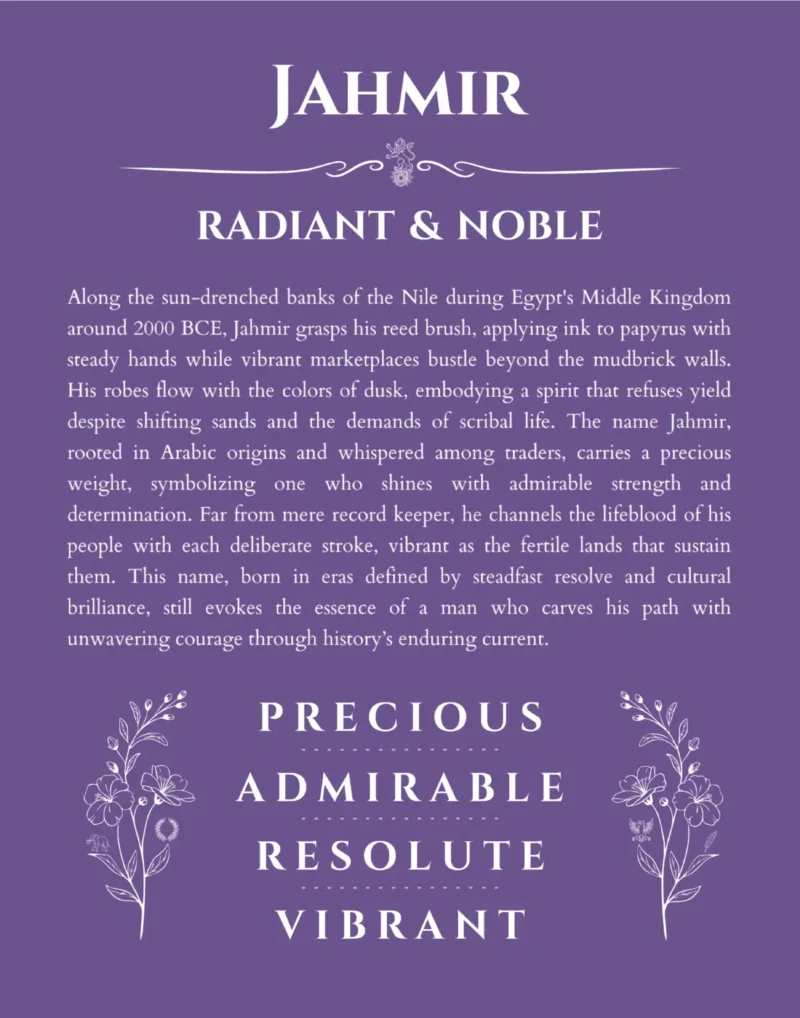 Jahmir personalized name print with origin and traits in purple