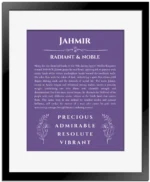 Jahmir personalized name print with origin and traits in purple with black matte frame
