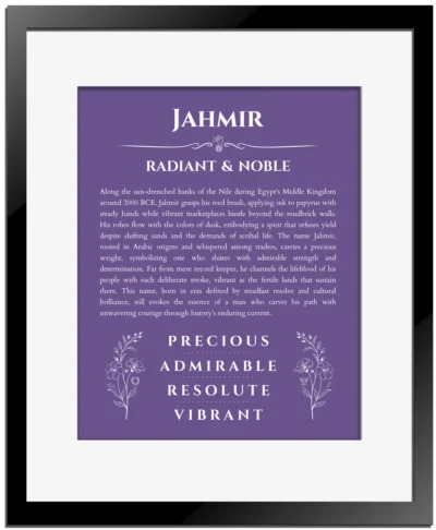 Jahmir personalized name print with origin and traits in purple with black matte frame