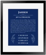 Jahseh name meaning gift print in deep blue with black matte frame