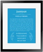 Jahsiah name meaning wall art by Get Your Story in blue with black matte frame