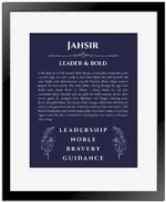 Jahsir name meaning wall art by Get Your Story in navy blue with black matte frame