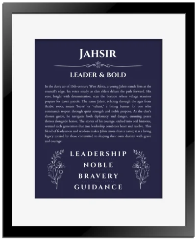 Jahsir name meaning wall art by Get Your Story in navy blue with black matte frame