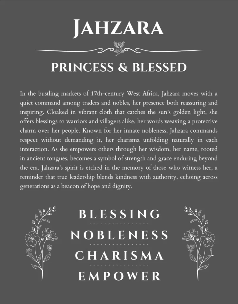 Jahzara personalized name print with origin and traits in gray