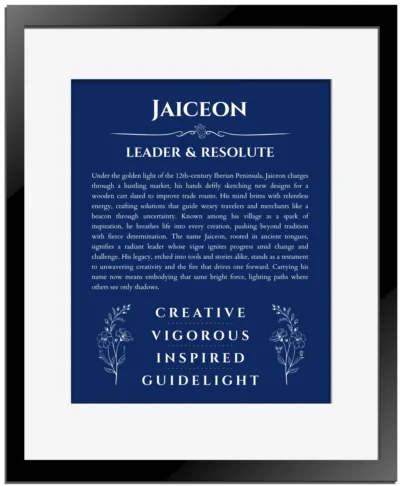 Jaiceon name meaning wall art by Get Your Story in deep blue with black matte frame