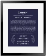 Jaiden custom name meaning print in navy blue with black matte frame