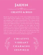 Jaidyn name origin print with meaning and traits in pink