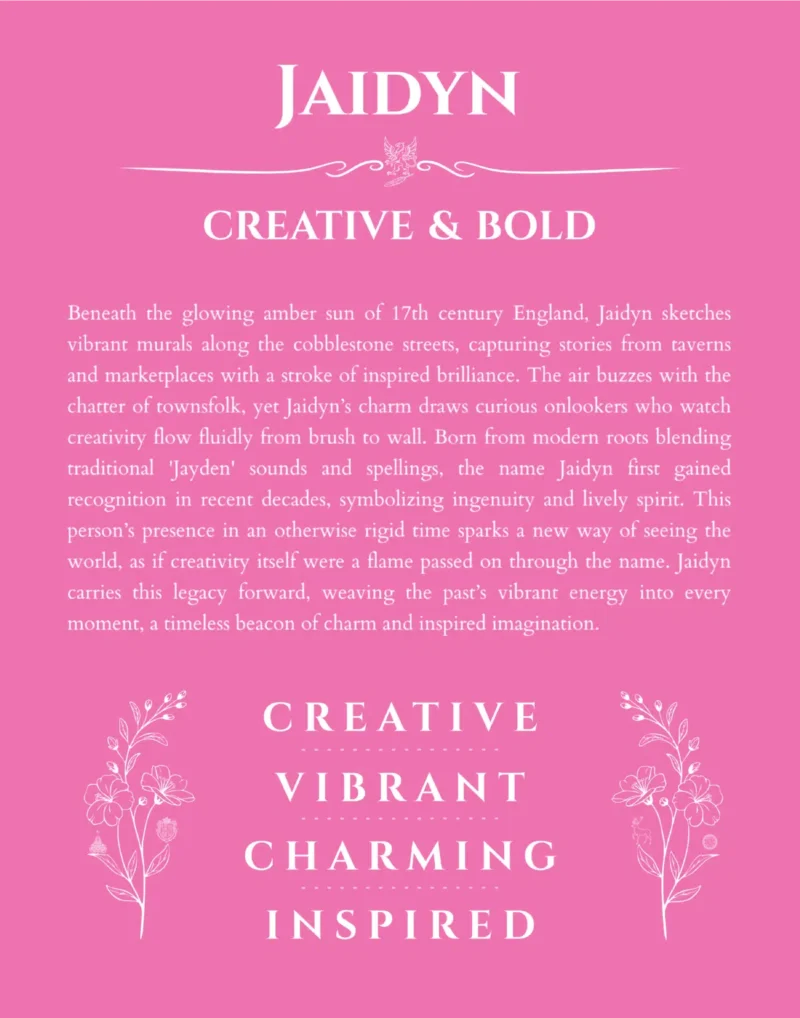 Jaidyn name origin print with meaning and traits in pink