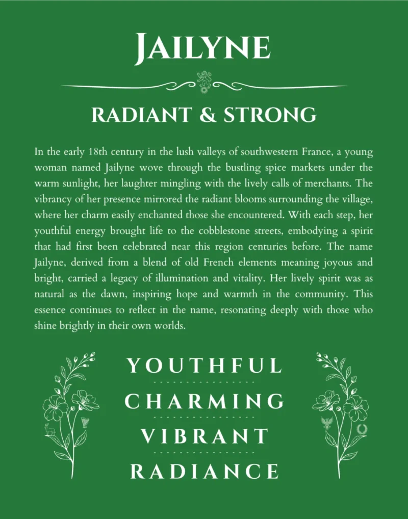 Jailyne custom name art showing meaning and origin in dark green