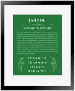 Jailyne custom name art showing meaning and origin in dark green with black matte frame