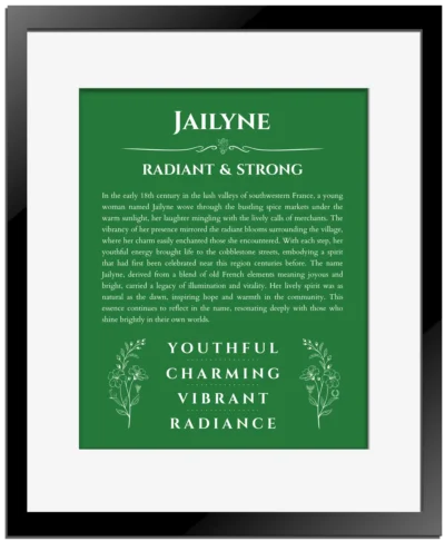 Jailyne custom name art showing meaning and origin in dark green with black matte frame