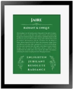 Jaire personalized wall art with the story of your name in dark green with black matte frame