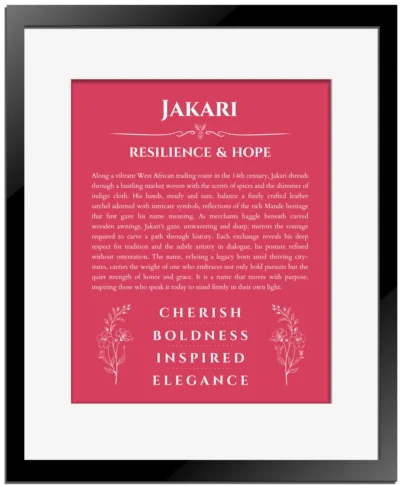 Jakari personalized name art with origin story in red with black matte frame
