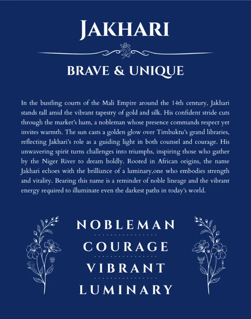 Jakhari personalized name print with origin and traits in deep blue