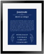 Jakhari personalized name print with origin and traits in deep blue with black matte frame