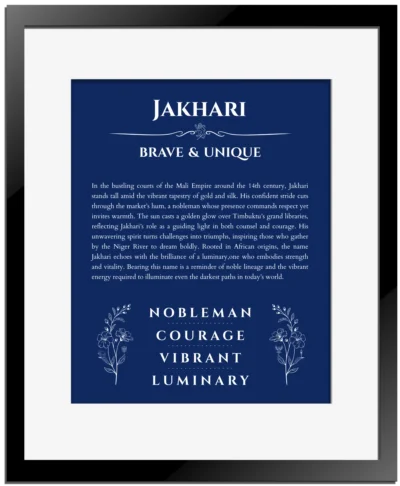 Jakhari personalized name print with origin and traits in deep blue with black matte frame