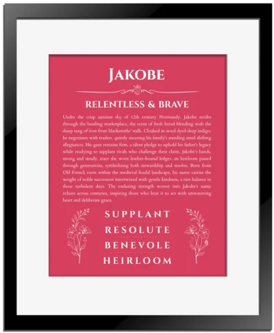 Jakobe custom name art showing meaning and origin in red with black matte frame