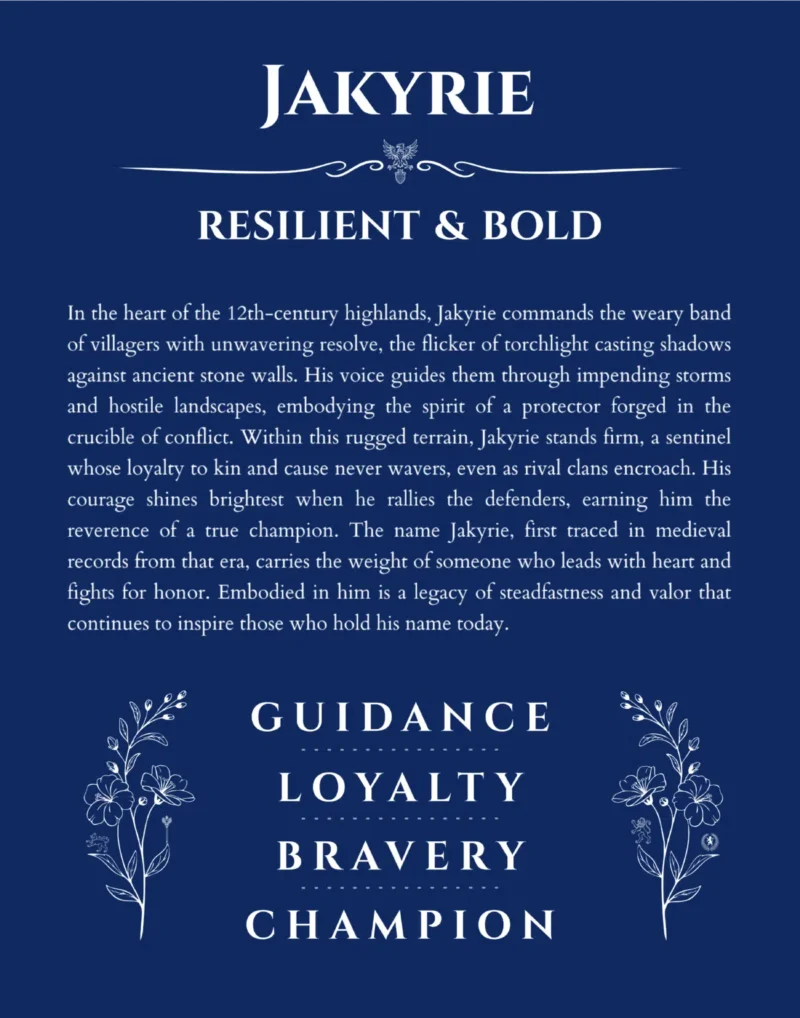 Jakyrie personalized name print with origin and traits in deep blue