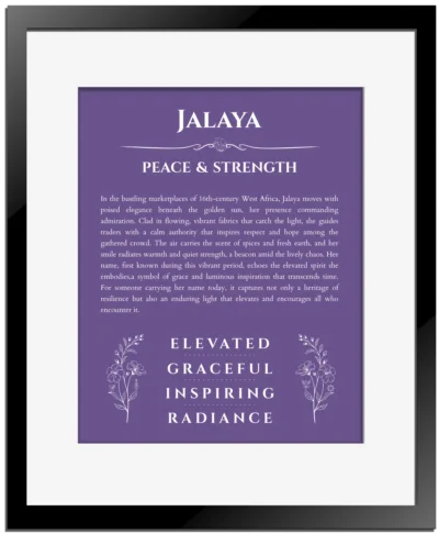 Jalaya personalized name meaning print in purple with black matte frame