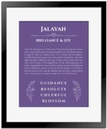 Jalayah personalized name art with origin story in purple with black matte frame