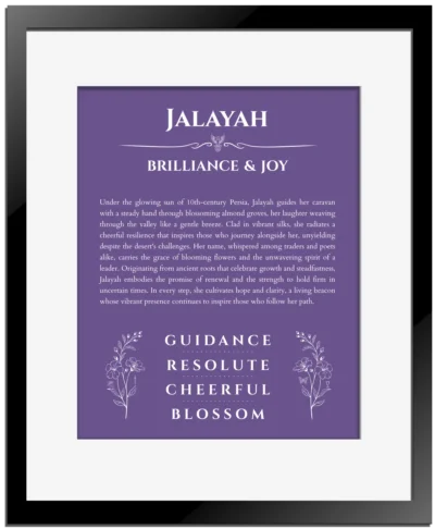 Jalayah personalized name art with origin story in purple with black matte frame