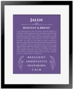 Jalen custom name meaning print in purple with black matte frame