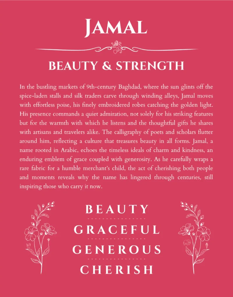 Jamal personalized name art with origin story in red