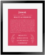 Jamal personalized name art with origin story in red with black matte frame