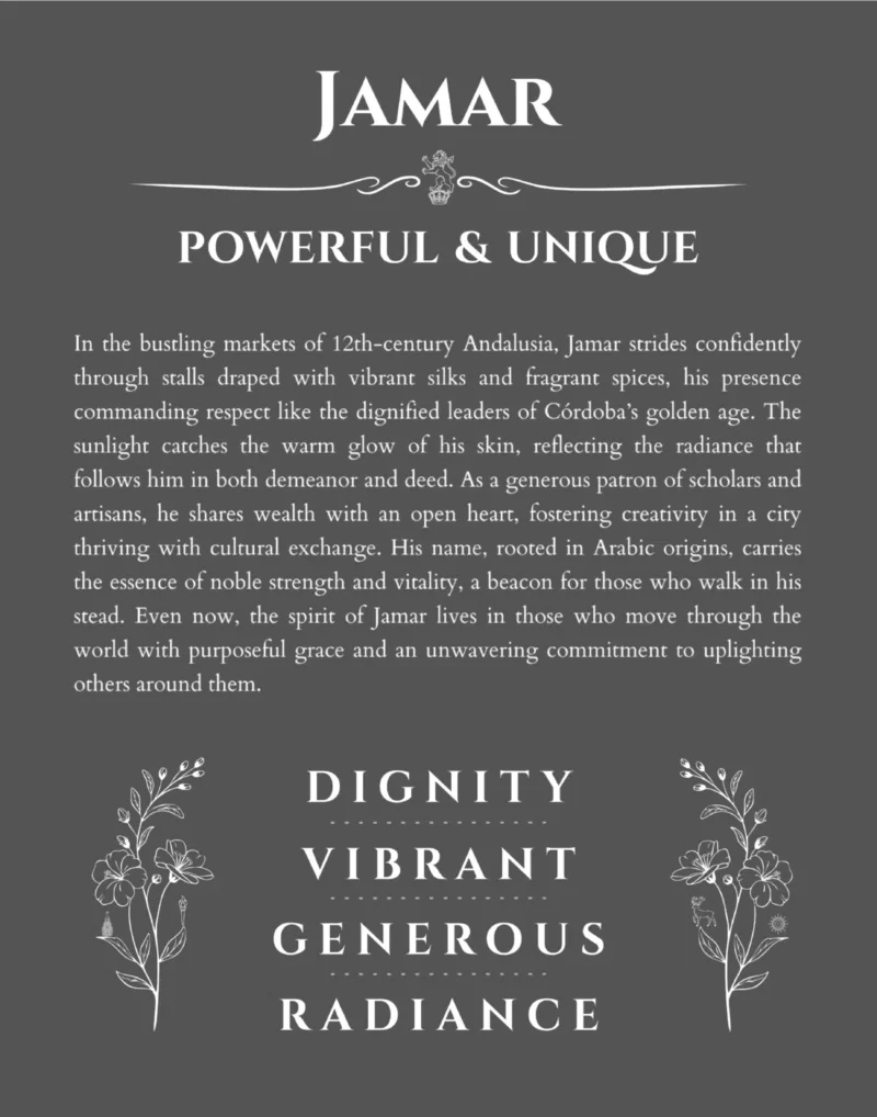 Jamar personalized name art with origin story in gray