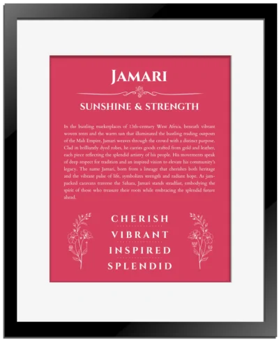 Jamari name meaning wall art by Get Your Story in red with black matte frame