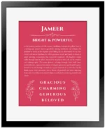 Jameer personalized wall art with the story of your name in red with black matte frame