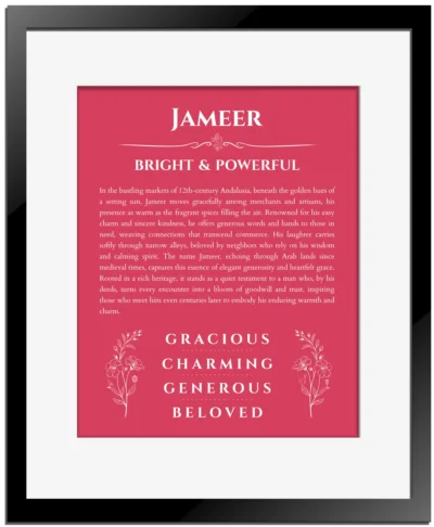 Jameer personalized wall art with the story of your name in red with black matte frame